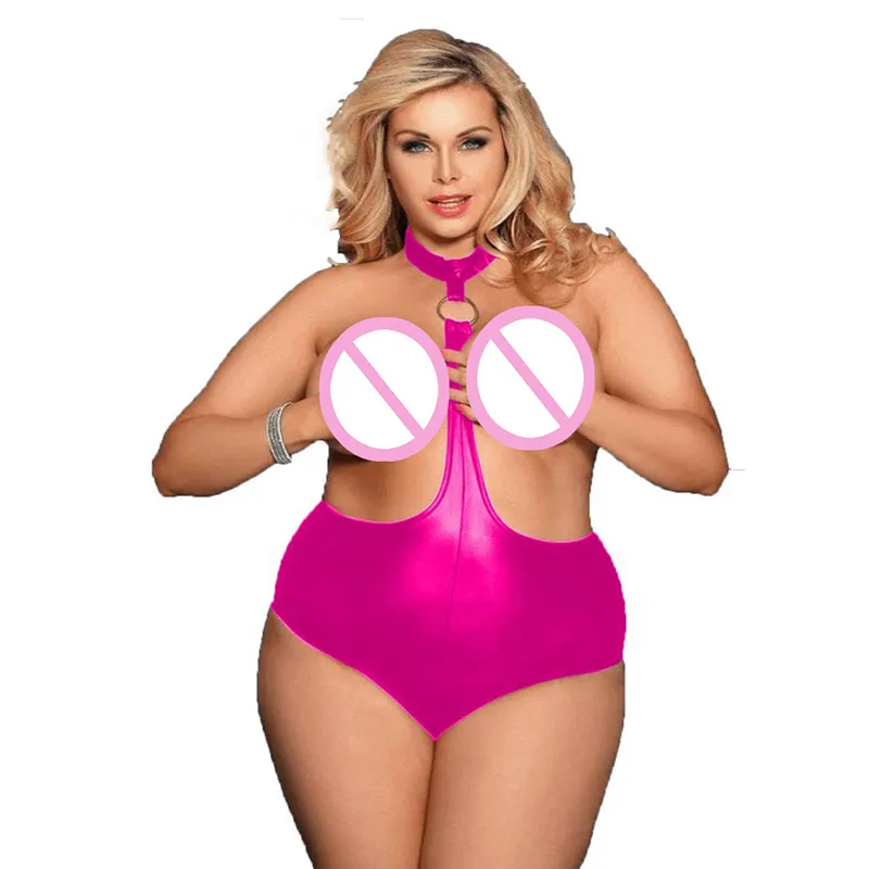 Plus Size Exotische Halter Bodysuit Novelty Party Kostuum Glanzende Open Buste Leotard Sexy Dames Lingerie Stripper One Piece Clubwear