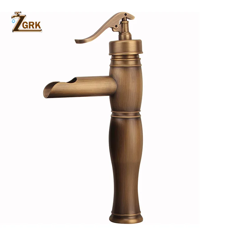 ZGRK盆地蛇口アンティーク真鍮滝浴室容器シンク蛇口シングルハンドルデッキウォッシュミキサー水タップWCタップ