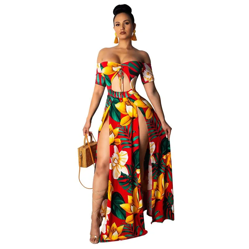 Gedrukt Summer Beach Maxi -jurk Strapless Off Shoulder Sexy High Slit Sundress Dames Robe Hollow Out Long Jurken