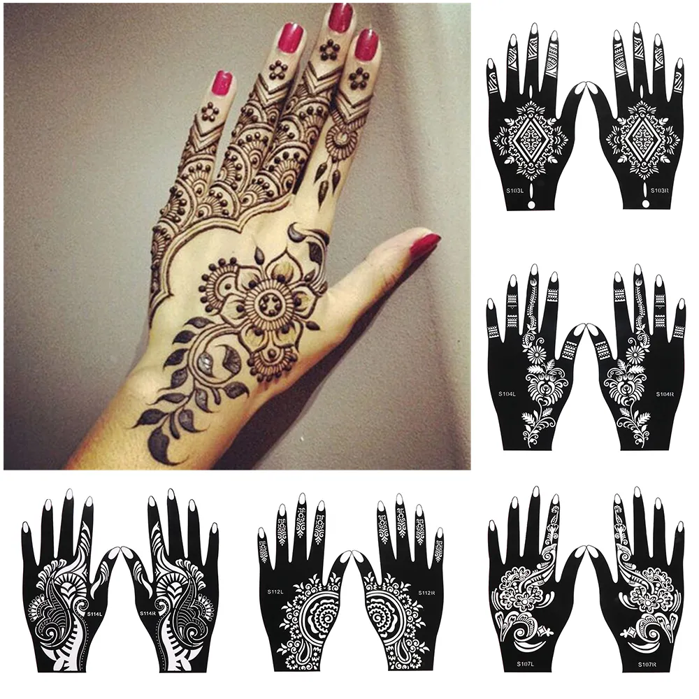 2 st/set Professionell Henna Stencil Tillfällig handtatuering Kroppskonst klistermärke Bröllopsverktyg Indien Blomma Tatueringsstencil T200730