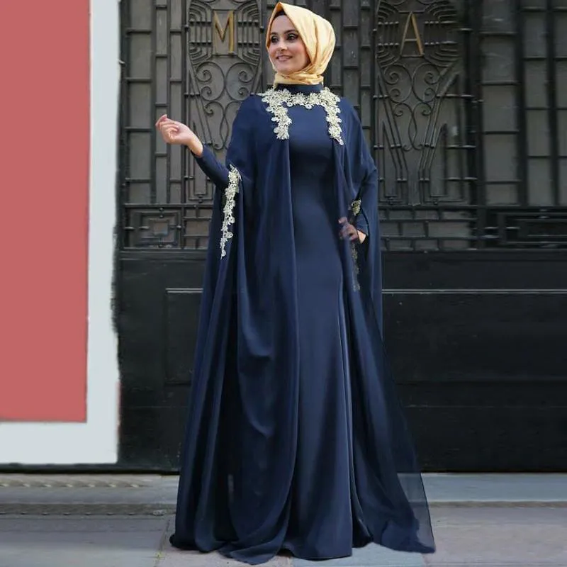 Kaftan Abaya Müslüman Abiye Yüksek Yaka Uzun Kollu Koyu Lacivert Dubai Arapça Gelinlik Modelleri ünlü Örgün Parti Gowns Applique