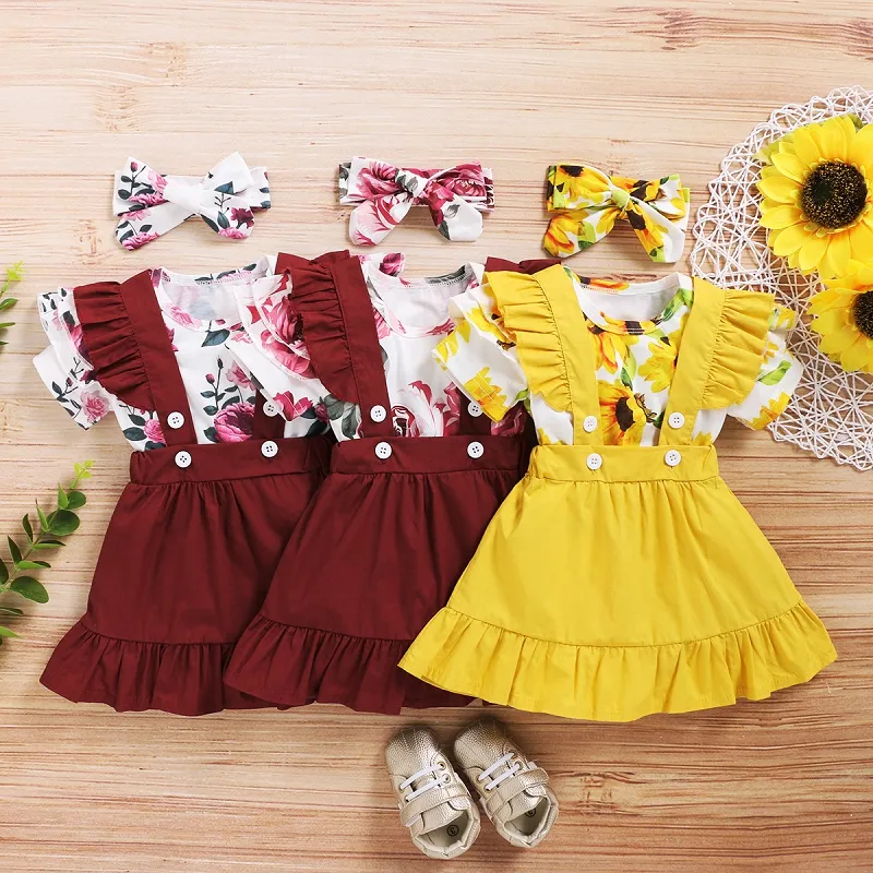 Kids Floral Clothing Sets Girls Sweet Rose Sunflower Print Romper Top + Suspender Skirt Headbands 3pcs/set Boutique Children Clothes M2273