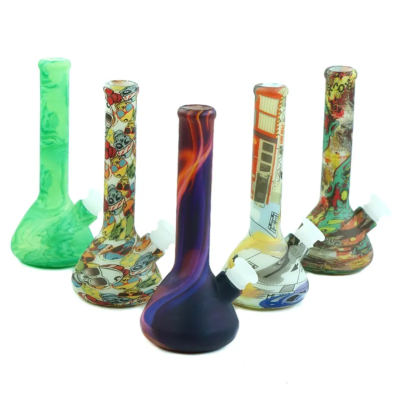 DHL 7.4 '' Glow in the Dark Beaker Water Pipe Unbreakable Printing Silicone Bongs met glazen kom siliconen waterleiding voor rokende bongen