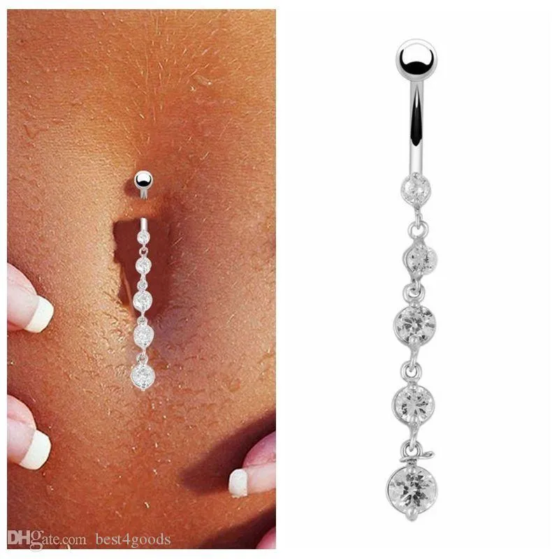 Stainless Steel Zircon Long Dangle Round Rhinestone Navel Belly Ring Button Bar Barbell Rings Piercing Reverse Jewelry