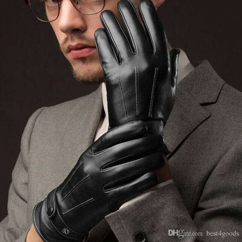 2 pièces/paire 3 lignes noir hommes gants en gros hommes luxueux en cuir PU épais hiver bouton écran tactile cachemire gaiement équitation