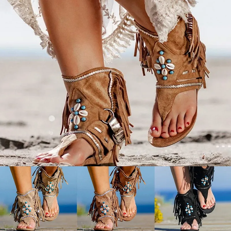 Sandały Letnie Kobiety Moda Boho Clip Flat Bohemian Sexy Tassel 2021 Drop