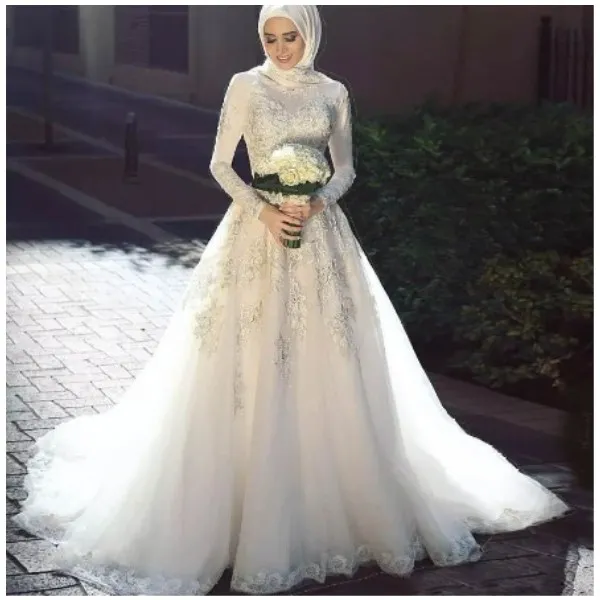 Muzułmańskie Suknie ślubne High Neck Długie Rękawy Koronki Aplikacja Z Hijab A Linia Zipper Powrót Vestidos De Noiva Bride Dress 2020 Princess
