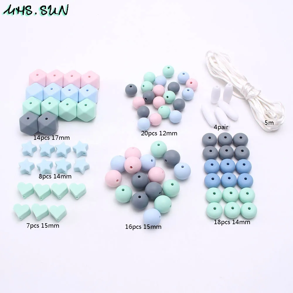 KT006 (4),$22.5.Teething Baby Teether Beads BluePinkGrey Silicone Beads Set Kits Kids Toddler DIY Nursing Jewelry Chew Pacifier ClipJPG