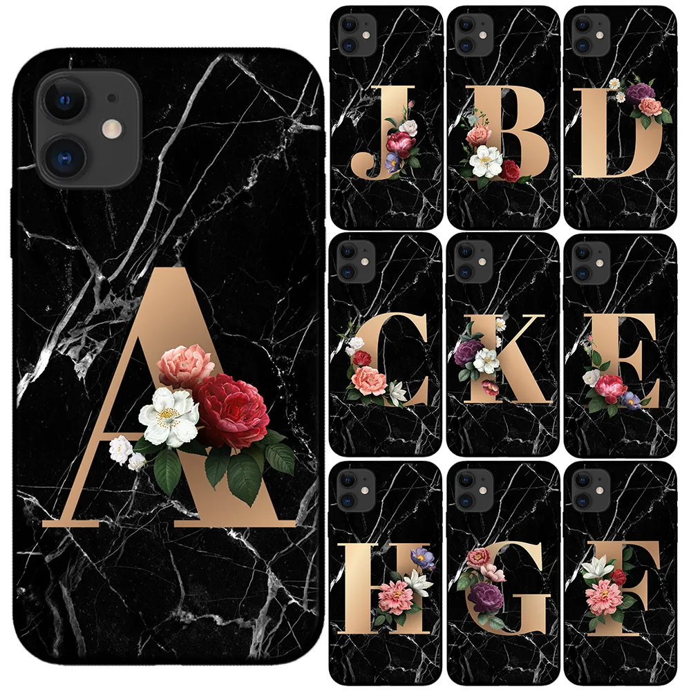 Custom Letter Customized Initial Marble Flowers Black Silicone Phone Case Cover For iPhone 11 Pro Max X XS Max XR 6 6S 7 8 Plus