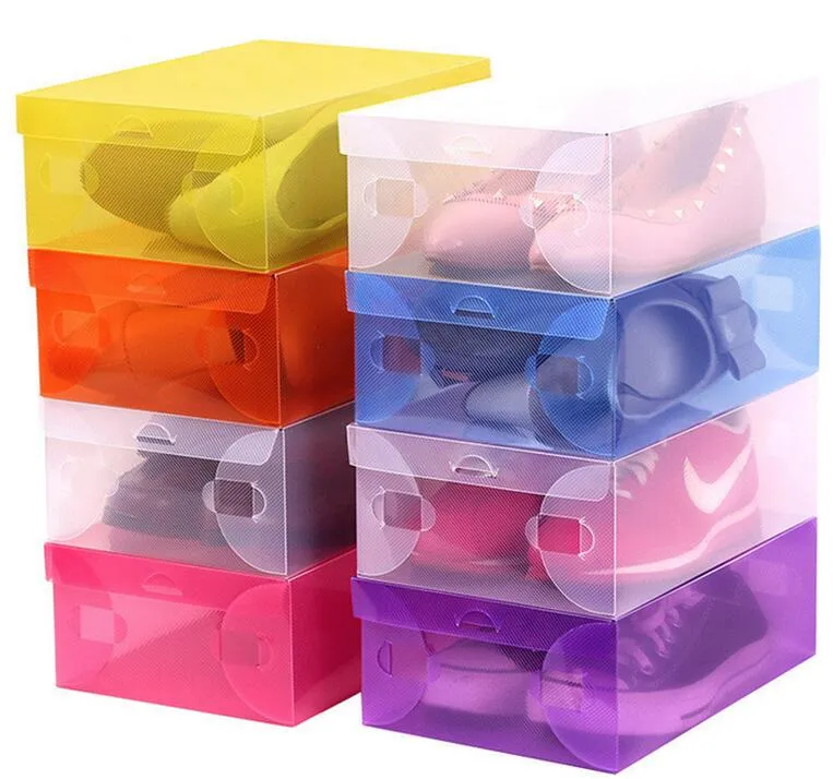 300pcs Transparent Shoebox med lock Klar plastsko Clamshell Förvaringslådor Bins Stövlar Högklackat Skor Boxes Hem Organizer