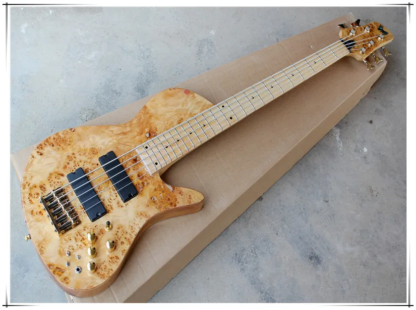 Factory custom 5 strings 24 Frets Maple Fingerboard Original Neck-thru-body Electric Bass Guitar with Dots Inlay,Golden hardware