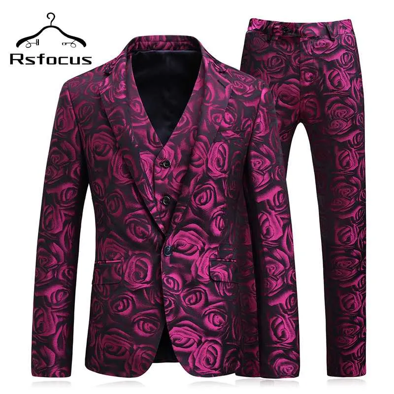 Rsfocus Elegant Floral Suit Men 2020 Rose Flower Pattern Purple Wedding Suits For Men 5XL Slim Fit Mens Dinner Prom Suits TZ006