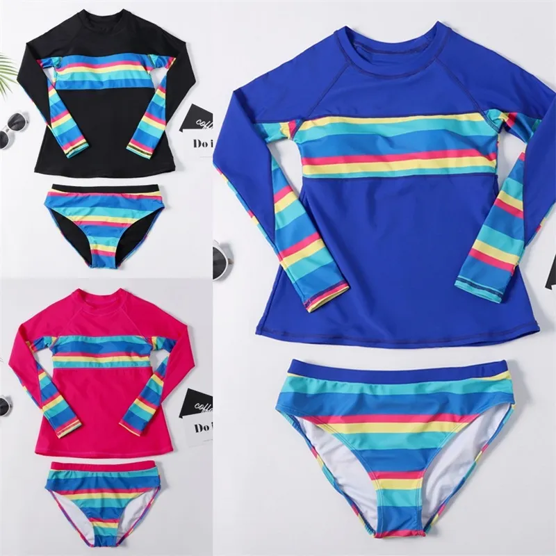 Streifen Druck Frauen Bademode Set Lange Ärmel Split Badeanzug Kit Surfsuit Konservative Höschen Badeanzüge Maillot De Bain Kinder 40xn B2