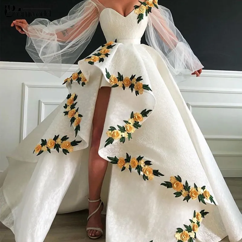 rena långa ärmar vita kvällsklänningar 2020 Ny bollklänning split spets blommor islamisk dubai saudiarabiska långa formella klänningar prom klänning