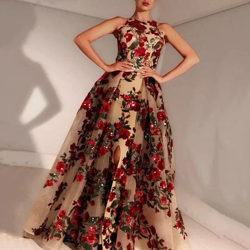 strapless open back dress Julian Beige & Red Floral V Neck Mini Dress – Get That Trend main image 1