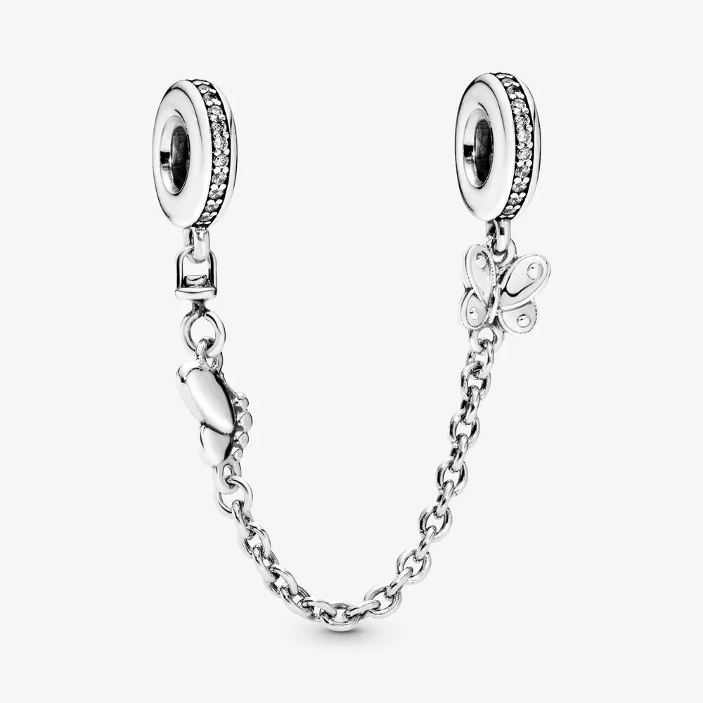 100 % 925 Sterling Silver Butterfly Safety Chain Charms Passar Original European Charm Armband Mode Smycken Tillbehör