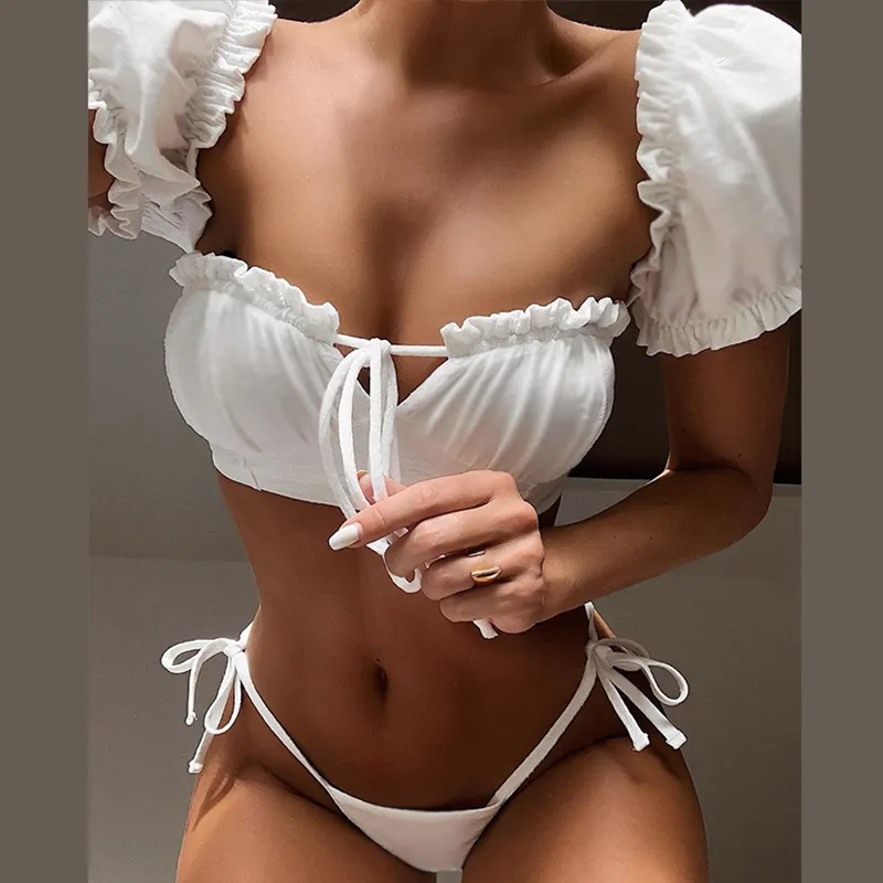 2020 Short Sleeve Swimwear Women Tie Side Bathing Suit High Cut Biquini In-X Solid White Ruffle Swimsuit Female Bandeau Bikini