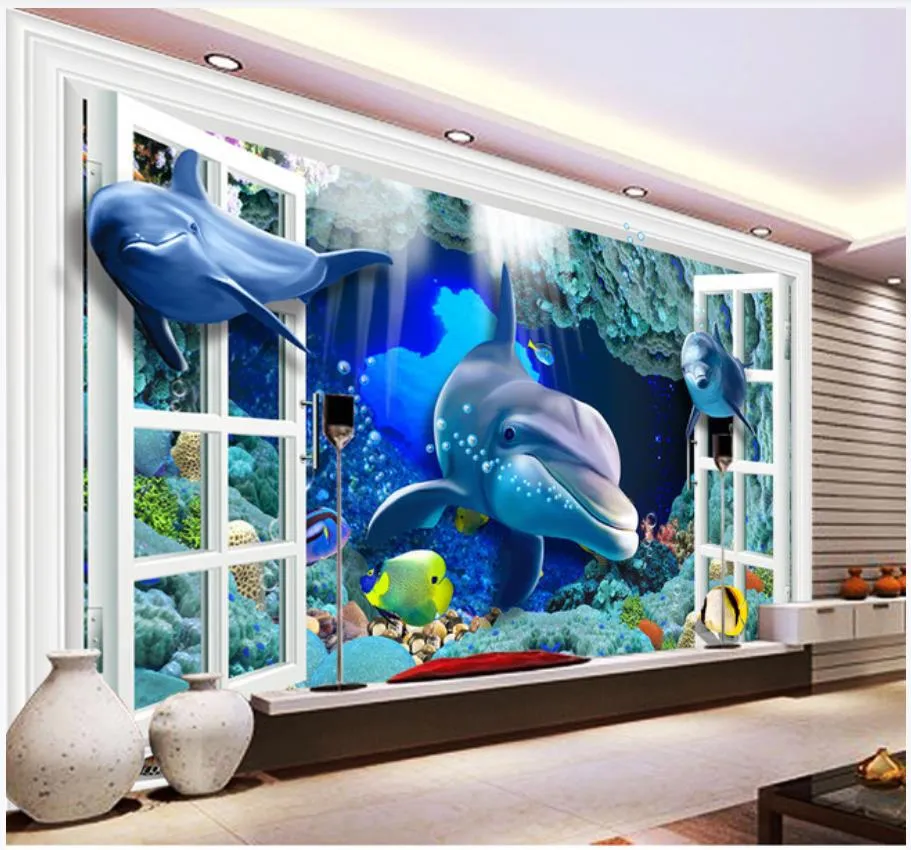 Beställnings- foto bakgrundsbilder för väggar 3d väggmålningar tapeter medelhavet väggmålning undervattensvärld 3d dolphin väggmålning vardagsrum TV bakgrundsvägg