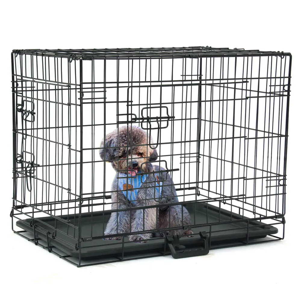 Jaula transportadora de alambre plegable de metal firme para mascotas, doble puerta, gato, perro, con divisor y bandeja de plástico, PTCG01-24267s negro