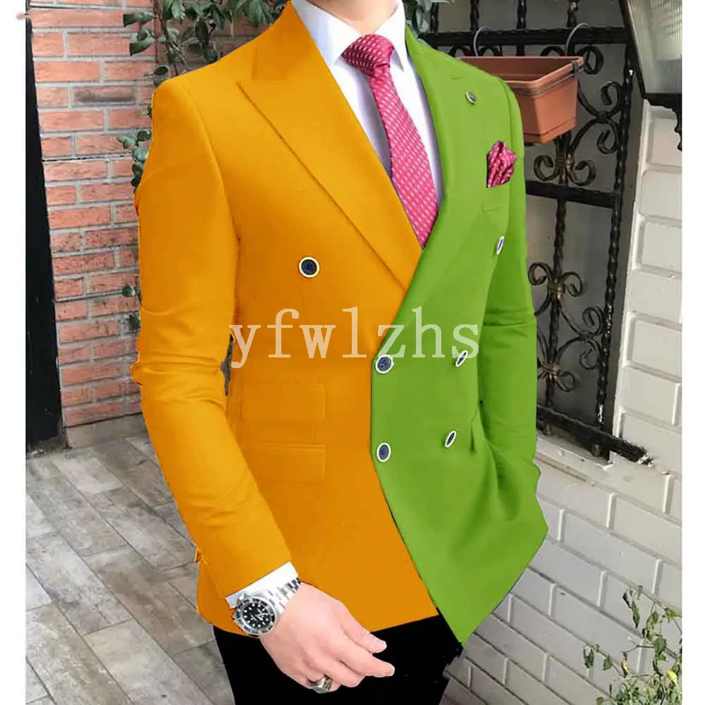 Newest Double-Breasted Groomsmen Two-color Wedding Groom Tuxedos Men Suits Wedding/Prom/Dinner Man Blazer Jacket Tie Pants T98