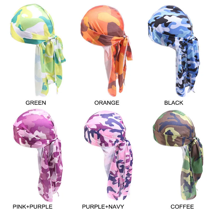 Uomo Donna Camouflage Stampa Berretti di seta Bandana Turbante Berretto Lungo Cappello Hip Hop Sport all'aria aperta Fascia Copricapo