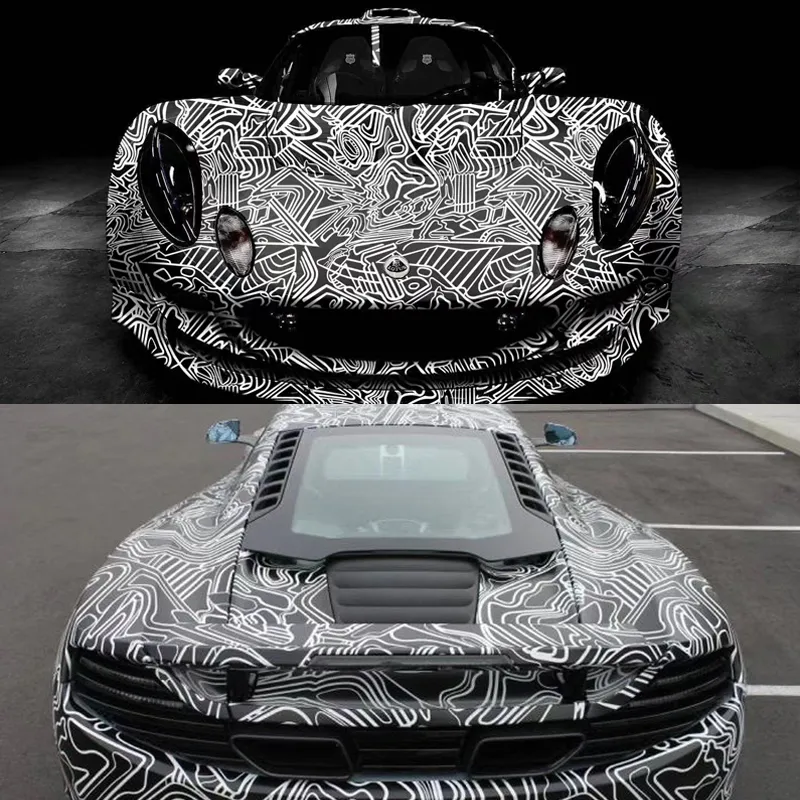 Svart vit kamouflage vinyl wraps lim pvc film bil wrap racing bil camo klistermärke fordon diy dekal med luft frisläppande