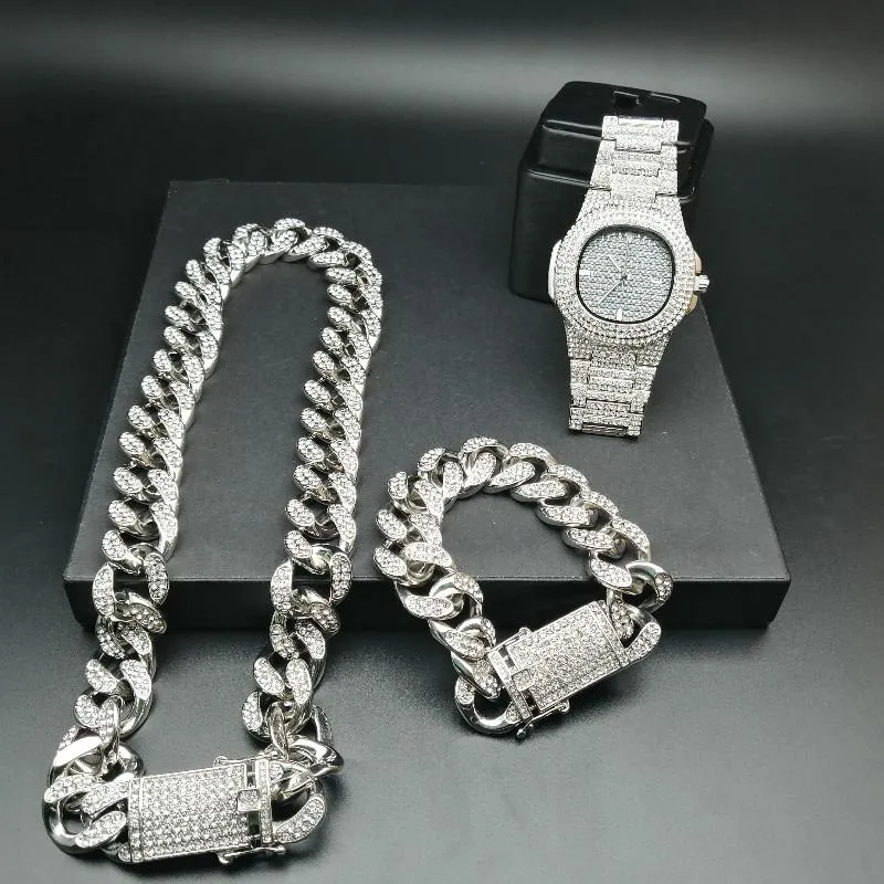 2cm Hip Hop Gold Color Iced Out Crystal Miami Cuban Chain Gold Silver Men Watch & Necklace & Bracelet Set Hip Hop King New