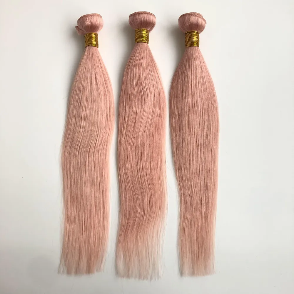 Brazilian Hair Weave Bundles Pink Color Cutical Aligned Remy Silk Straight Extension