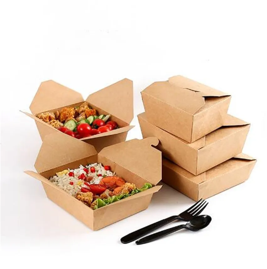 Disposable Kraft Paper Lunch Boxes Takeaway Fast Food Box Folding Boxes Rectangular Packing Box Tearable Packing Boxes Free Shipping A02