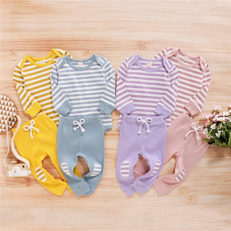 Baby Striped Outfits Boys Girls Long Sleeve Romper Top + Pants 2pcs/set Cotton Kids Article Pit Clothing Sets Home Pajamas Clothing M2336