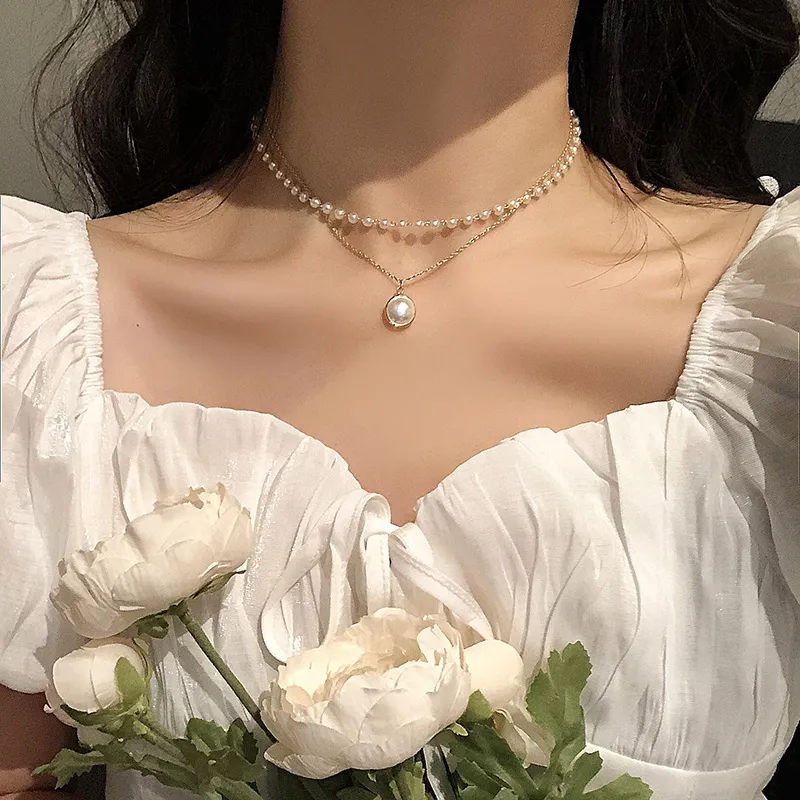 Fashion Pearl Choker Necklace pendant Women Cute Girl Gold color Double Layer Chain Pearl Korean Jewelry Woman Collar