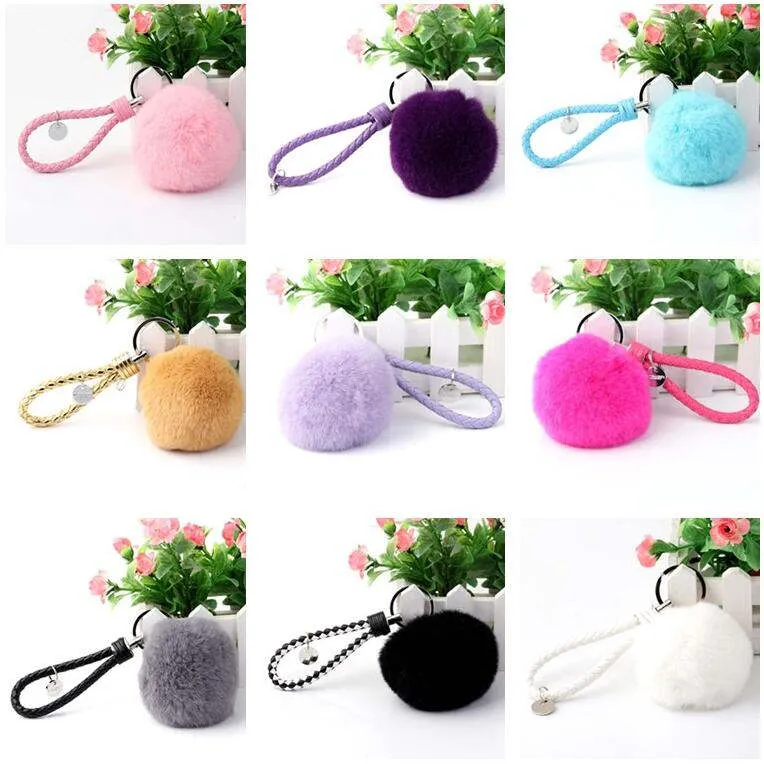 Epacket DHL free shipping Rex rabbit fur ball keychain braided rope 8CM large fur ball pendant DAKR250 mix order key chain Keychain