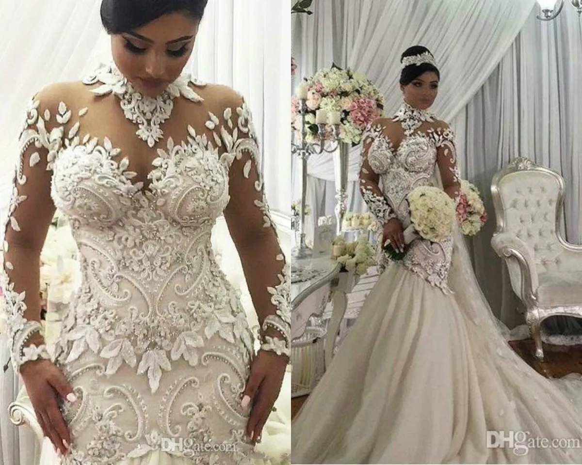 Plus Size Illusion Long Sleeve Mermaid Wedding Dresses High Neck Appliqued Beaded Dubai Arabic Bridal Gown Long Castle Wedding Gown