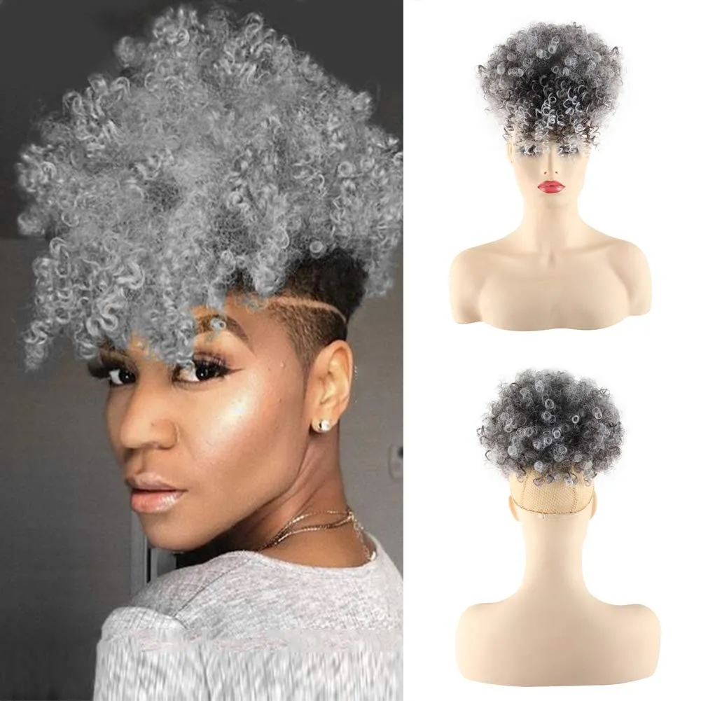 Sznurek Afro Puff Grey Włosy Kinky Kręcone Ponytail 100% Prawdziwe Włosy Bun Chignon Hairpiece Dla Kobiet Updo Clip W Ludzkim Przedłużaniu Włosów