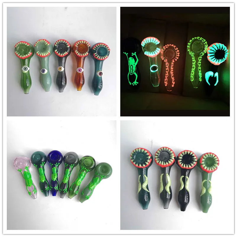 Luminous Heady Glass Smoking Pipe Hand Cigarette Oil Burner Tobacco Flower Frog Heavy Spoon Pipes Tool 4 styles Choose