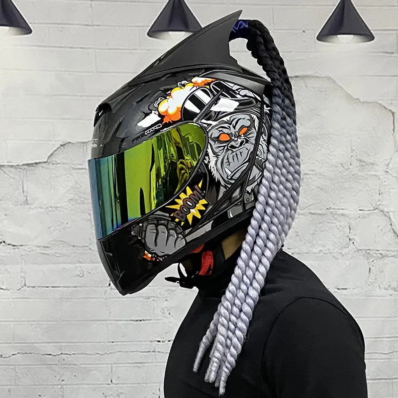 Full Face Motorcycle Helmet Double lens ABS Material Motorbike Motocross Helmet With braids Horns Accessories