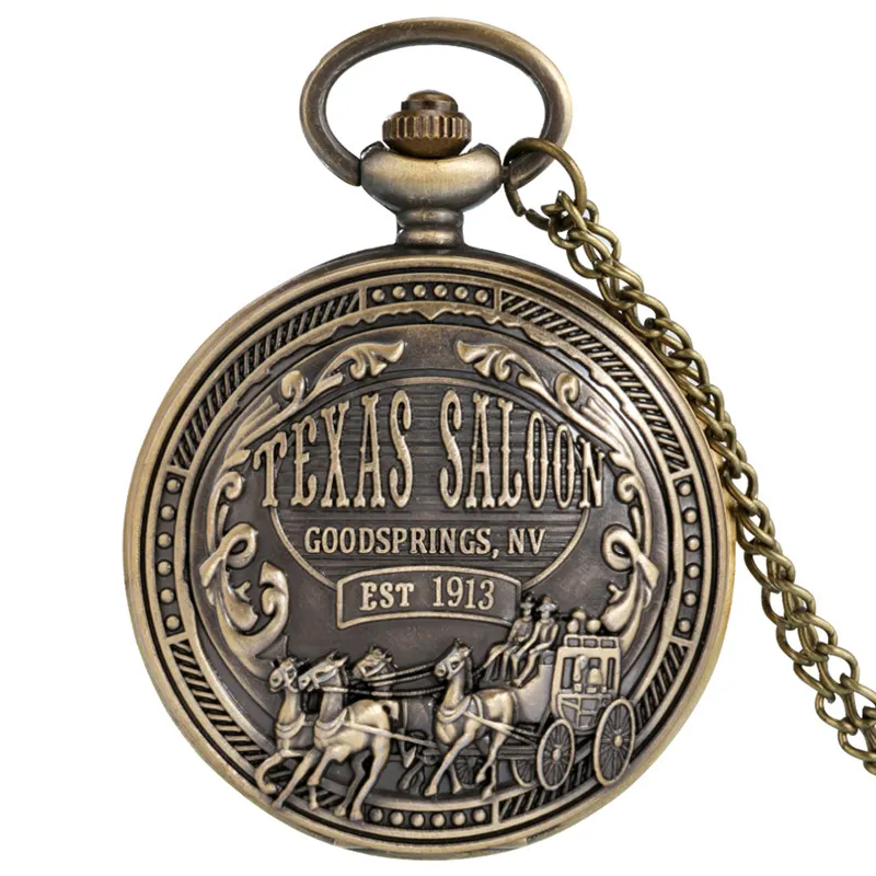 Vintage Retro Carving Texas Saloon Alloy Case Men Women Quartz Pocket Watch Analog Display Necklace Pendant Chain Full Hunter Gift