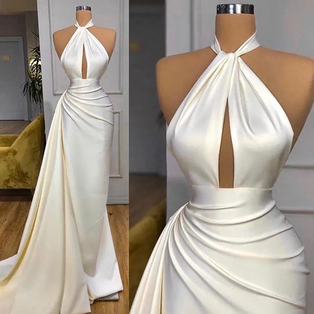 Nowy wspaniały tanie proste sexy syrenki suknie wieczorowe wysokiej szyi keyhole Draped balu sukienka wieczór Ogstuff Vestidos de Fiesta szaty De Bal