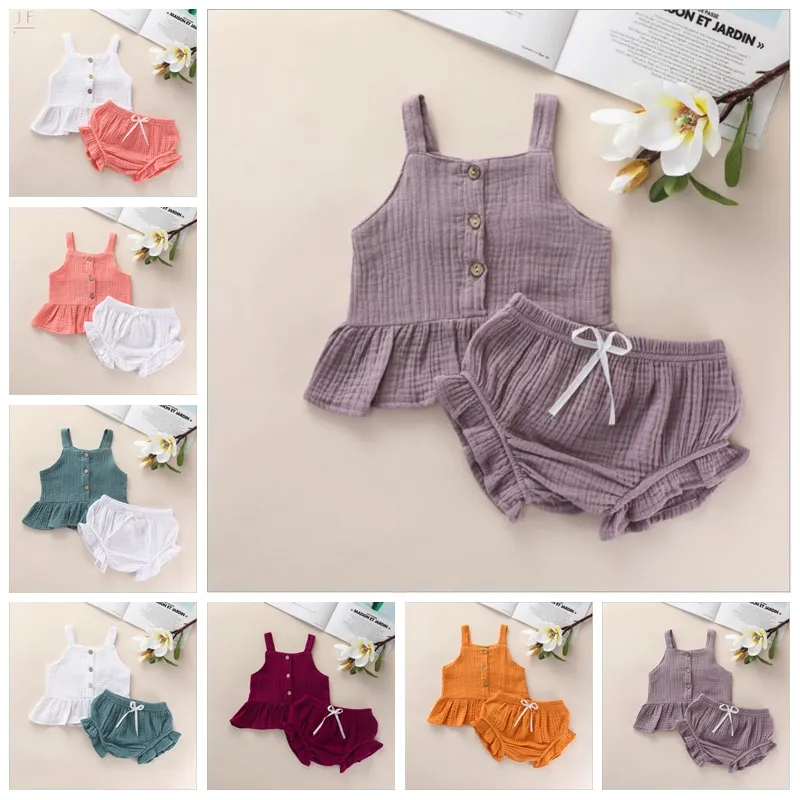 Girls Designer Roupas Kids Summer Candy Color Roupas Conjuntos Suspender Shorts Suits Ruffle Crop Tops PP Briefs Briefs Bloomers Roupas BC7576