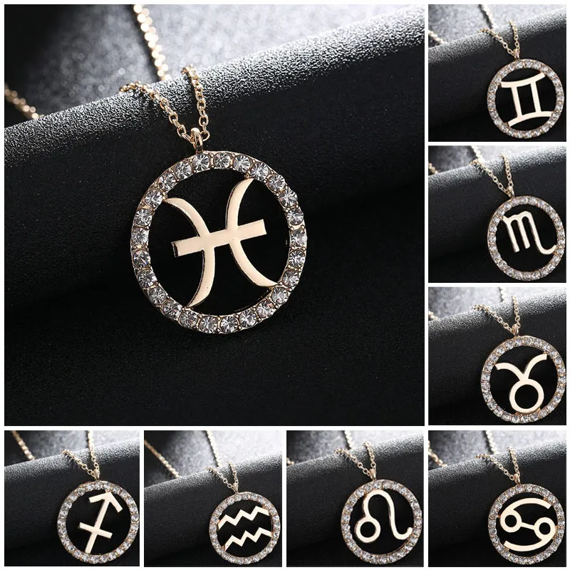 2020 New 18k Gold Zodiac Sign Round Pendant Necklace Aries Gemini Libra 12 Constellation Classic Necklace Diamond Jewelry