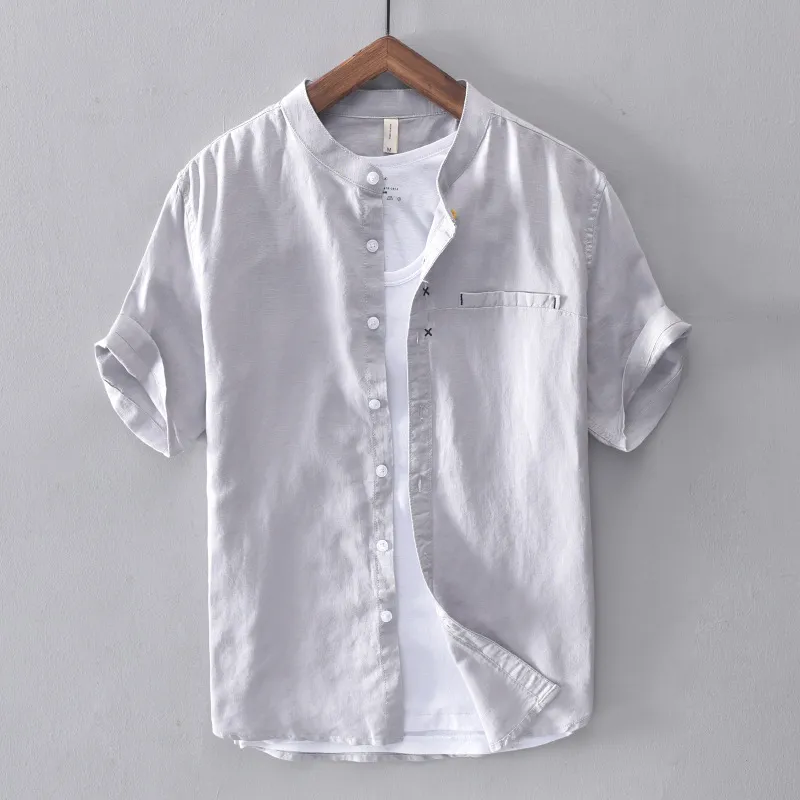 Camisa de linho de algodão masculina sólida manga curta casual fino botão para baixo qualidade mandarim camisas masculinas masculina320v