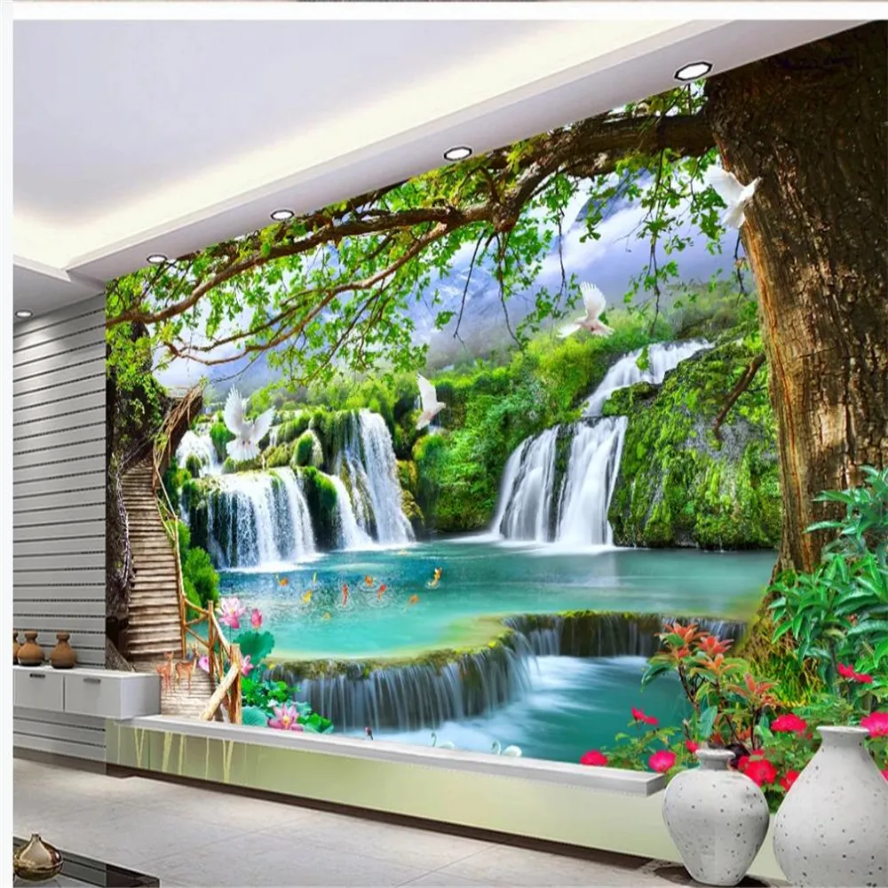 murais 3d papel de parede para sala de estar simples paisagem verde floresta grande árvore cachoeira Papéis de parede do fundo