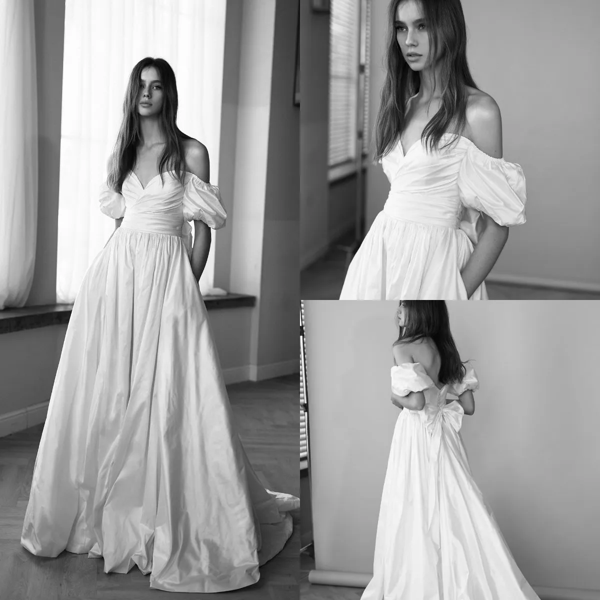 Lihi hod klänningar vintage satin från axel brudklänningar bröllopsklänning skräddarsydd vestidos de novia