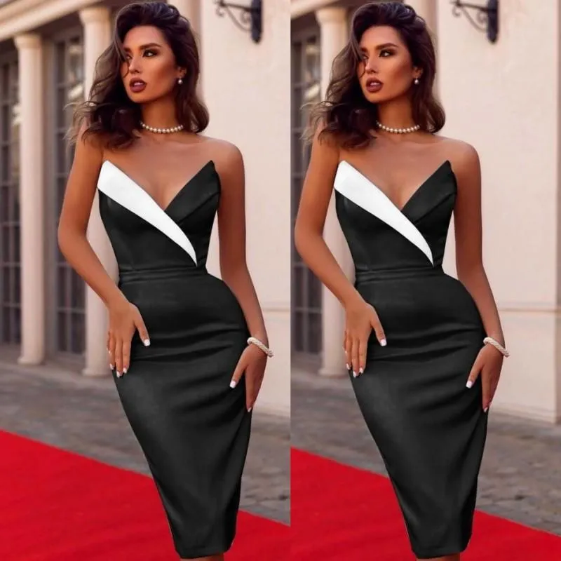 Cheap Knee Length Party Dresses V Neck Sexy Cheap Mermaid Prom Dress Satin Black And White Celebrity Cocktail Gowns Robe de soiree