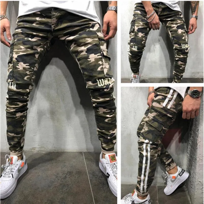 Offre spéciale hommes maigre Stretch crayon Denim pantalon Camouflage plissé coupe ajustée Jean pantalon côté rayure Cargo Jean vêtements masculins