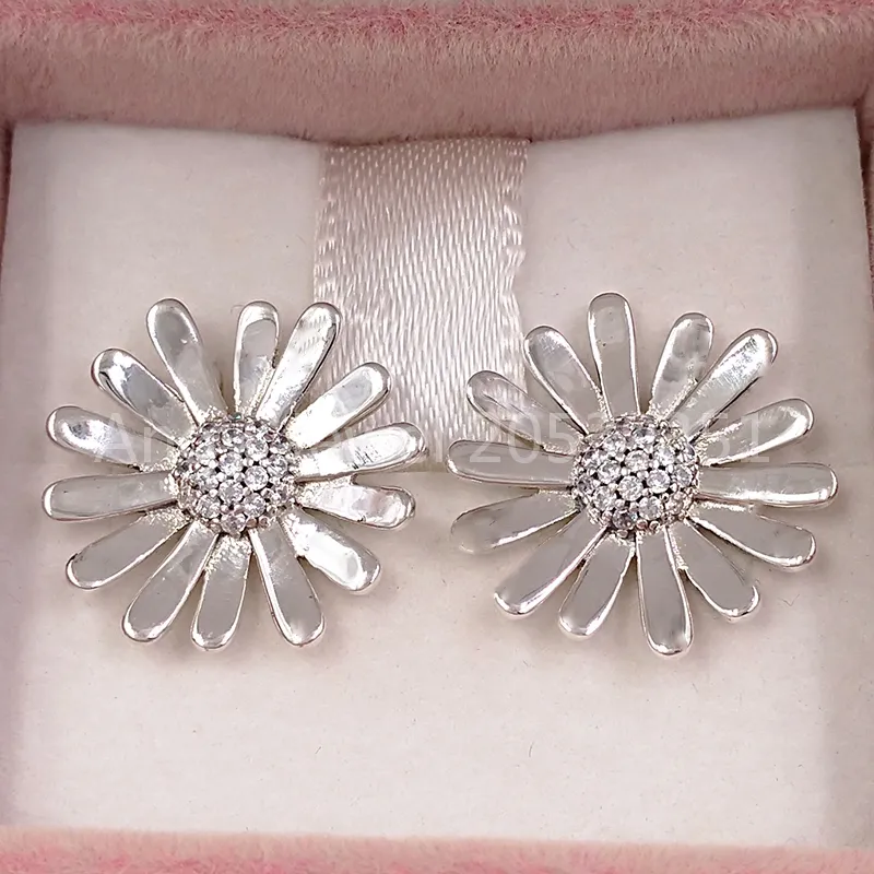 Daisy Flower Stature Stud -oorbellen Authentiek 925 Sterling Silver Studs Pave Fits European Pandora Style Studs Sieraden Andy Jewel 298812C01