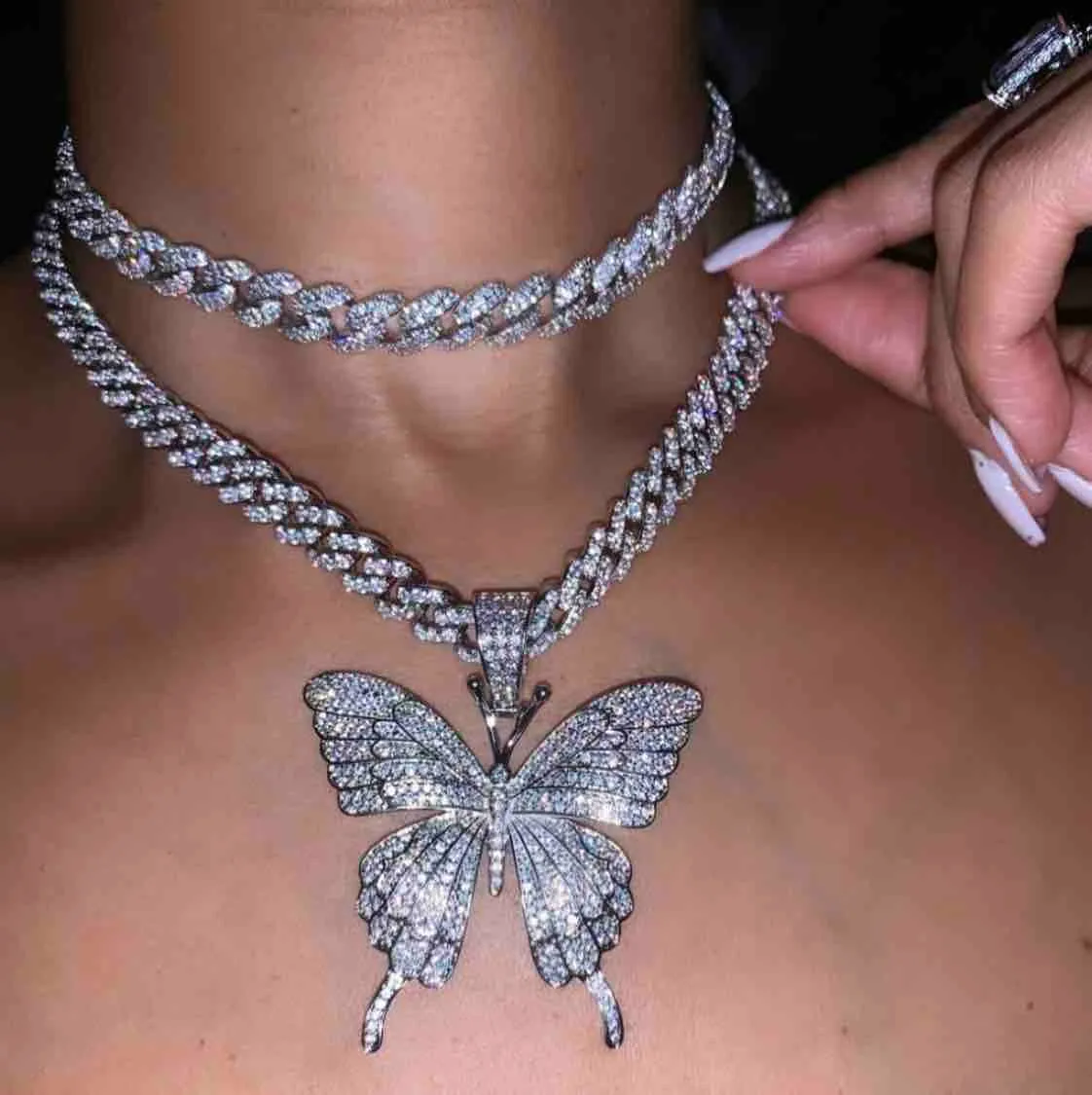 Iced Out Butterfly Pendant Necklace with Tennis Cuban Chain in Gold Silver or Rose Gold Cubic Zirconia Hip Hop Jewelry
