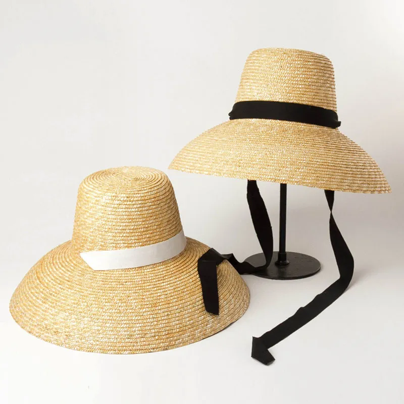 Vrouwen zomer grote floppy hoed tarwe stro hoed met zwart wit lint kanten tas 15 cm breed randzon hoed uv bescherming strandkap cx200714