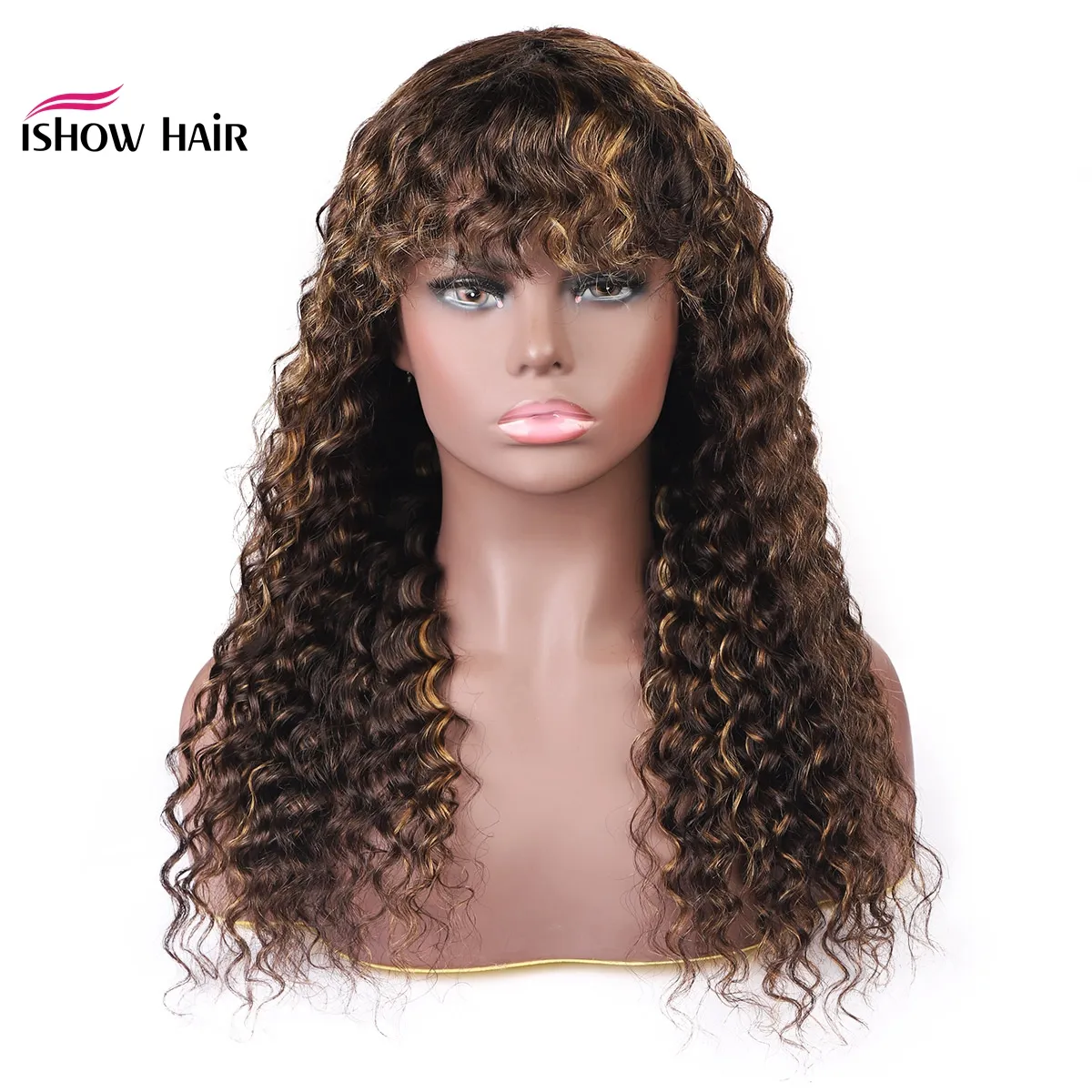 Ishow Brésilien 4/27 Ombre Deep Wave Perruques de Cheveux Humains avec Bangs Péruvien Profond Bouclé Aucun Dentelle Perruques Indien Malaisien pour les Femmes Noires