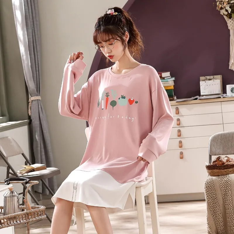 2020 Autumn Korean Cotton Long Sleeve Nightgowns for Women Cute Cartoon Sleepwear Femme Night Dress Home Dress Nightdress Nighty
